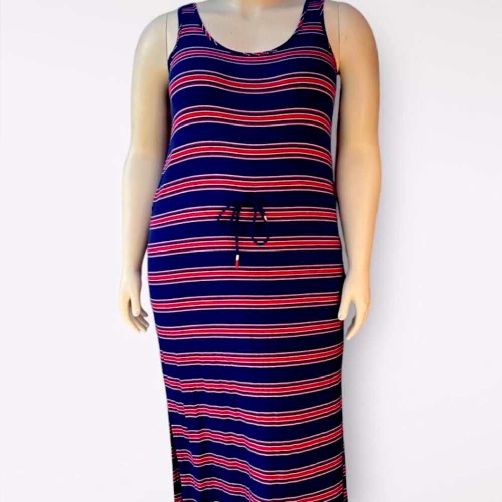 Brooks Brothers Navy Red And White Stripe Drawstring Maxi Dress Size L